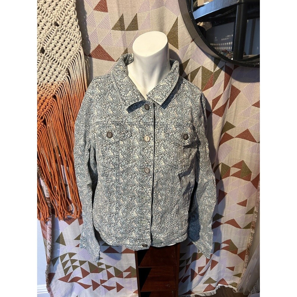 Anthropologie PIlcro Letter Press Jacket Large Floral Jean Blue Green White